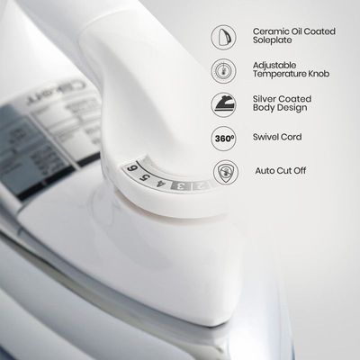 Clikon - Heavy Dry Iron, Braided Cable, Ceramic Oil Coated Soleplate, Adjustable Temperature Knob, Silver Coated Body Design, White - Ck2130