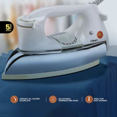 Clikon - Heavy Dry Iron, 6 Adjustable Cloth Settings, Ceramic Oil Coated Soleplate, Auto-Cut Off, Silver & White - Ck2132