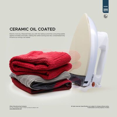 Clikon - Heavy Dry Iron, 6 Adjustable Cloth Settings, Ceramic Oil Coated Soleplate, Auto-Cut Off, Silver & White - Ck2132