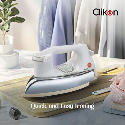 Clikon - Heavy Dry Iron, 6 Adjustable Cloth Settings, Ceramic Oil Coated Soleplate, Auto-Cut Off, Silver & White - Ck2132