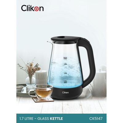 1.7 Liter Glass Body Electric Cordless Kettle With 360° Swivel Base,Auto Cut-Off Function, Led Indicator, 1850-2200W, 2 Years Warranty, Clear - Ck5147