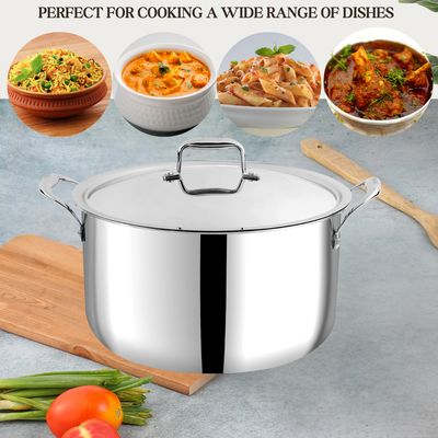 Platinum Triply Stainless Steel Biryani/Sauce Pot with Lid - 11 Liters, 30 cm, Silver