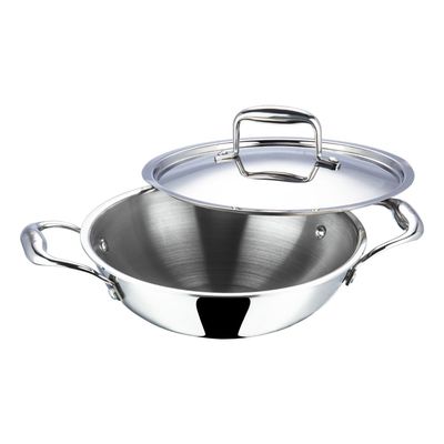 Platinum Triply Stainless Steel Kadai with Lid- 24 cm, 2.5 L, Silver (Induction Friendly)