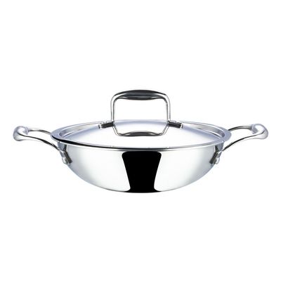 Platinum Triply Stainless Steel Kadai with Lid - 26 cm, 3.2 L, Silver (Induction Friendly)