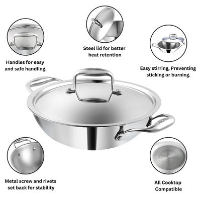 Platinum Triply Stainless Steel Kadai with Lid- 30 cm, 4.5 L, Silver (Induction Friendly)
