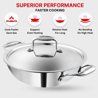Platinum Triply Stainless Steel Kadai with Lid- 30 cm, 4.5 L, Silver (Induction Friendly)