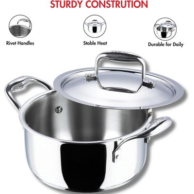 Vinod Platinum Triply Stainless Steel Saucepot with Lid - 24 cm, 5 L, Silver (Induction Friendly)