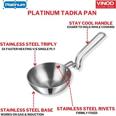Vinod Platinum Triply Stainless Steel Tadka Pan - Large, 11cm, Silver