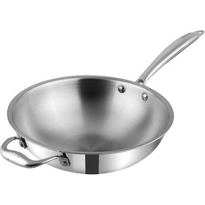 Vinod Platinum Triply Stainless Steel Wok with Riveted Sturdy Handle -26cm, 3 Liters, Silver (Induction Friendly)
