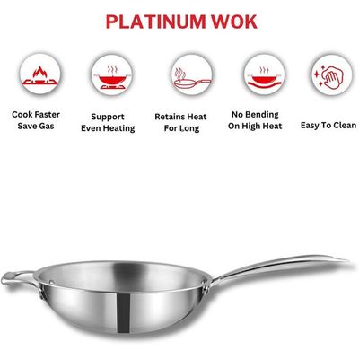 Vinod Platinum Triply Stainless Steel Wok with Riveted Sturdy Handle -26cm, 3 Liters, Silver (Induction Friendly)