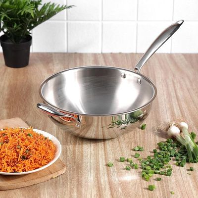 Vinod Platinum Triply Stainless Steel Wok with Riveted Sturdy Handle -26cm, 3 Liters, Silver (Induction Friendly)