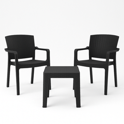 3-Piece Outdoor Bistro Set – 2 All-Weather Rattan Armchairs & Table – Uv-Resistant, Durable, Timeless Plastic Furniture For Patio, Balcony, Garden, Or Terrace (Black)