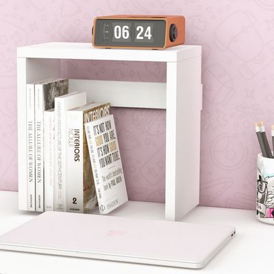 Mahmayi Modern Desk Organizer Space Saving Table for Home Office and Living Room, Stylish Organizer for Books, Plants and Decorative Items - White
