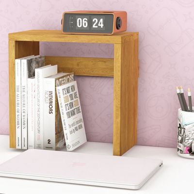 Mahmayi Modern Desk Organizer Space Saving Table for Home Office and Living Room, Stylish Organizer for Books, Plants and Decorative Items - Light Walnut