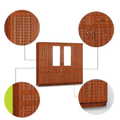 4 Door Wooden Wardrobe Cabinet Cupboard in Engineered Wood, Heavy Duty, Modern Stylish Design, Cherry Color