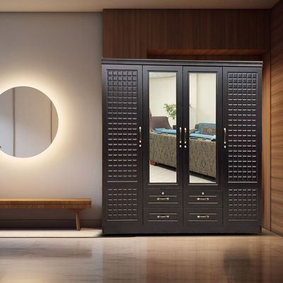 4-Door WoodenWardrobe with Mirror in Cabinet Cupboard Engineered Wood, Modern Stylish Design,Heavy Duty, Black Wenge, 4 Drawers