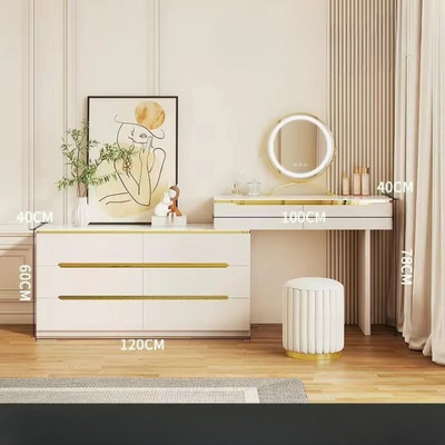 Women's Vanity Table with Mirror - Luxury Dressing Table with LED Mirror and Chair- Retractable Wooden Makeup Desk in White Gold Accents -6 Drawer Storage Cabinet, Modern Makeup Desk for Bedroom