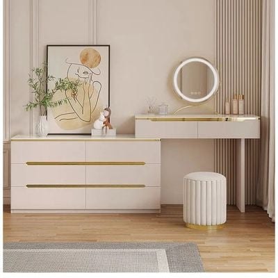 Women's Vanity Table with Mirror - Luxury Dressing Table with LED Mirror and Chair- Retractable Wooden Makeup Desk in White Gold Accents -6 Drawer Storage Cabinet, Modern Makeup Desk for Bedroom