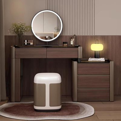 Vanity Table Dressing Table with Chair- LED Mirror Vanity Table Women's Makeup Vanity Desk Set with Drawer Storage and Built-In Lighting for Bedroom or Beauty Room - Brown