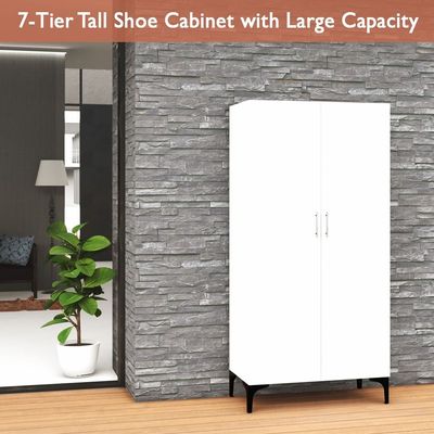 Mahmayi Modern Tall Shoe Cabinet - Maximize Storage Space with 7 Shelves, Perfect for Entryways, Stylish Solution for Shoe Collection, Home and Living Room Decor - White