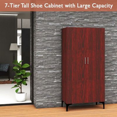 Mahmayi Modern Tall Shoe Cabinet - Maximize Storage Space with 7 Shelves, Perfect for Entryways, Stylish Solution for Shoe Collection, Home and Living Room Decor - Dark Walnut