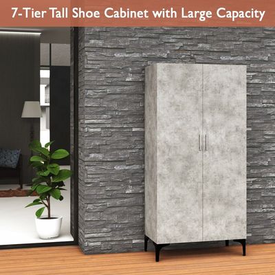 Mahmayi Modern Tall Shoe Cabinet - Maximize Storage Space with 7 Shelves, Perfect for Entryways, Stylish Solution for Shoe Collection, Home and Living Room Decor - Light Concrete