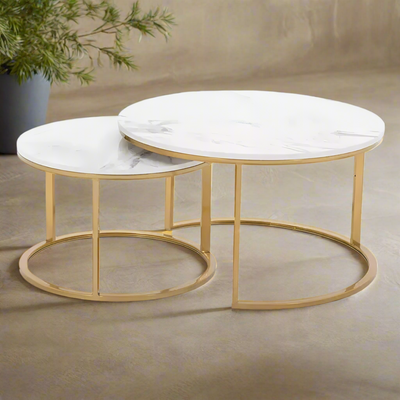 Modern Designer Marble Top Metal Frame Round Coffee Table ( Set of 2 )