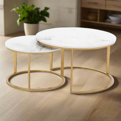 Wooden Twist Modern Designer Marble Top Metal Frame Round Coffee Table ( Set of 2 )