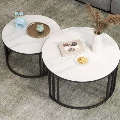 Walyxz Modern Marble Top Round Coffee Table with Durable Metal Base (Set of 2)