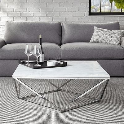 Wooden Twist Modern Contemporary Marble Top Coffee Table Stainless Steel Base Polished Chrome Finish for Elegant Living Room