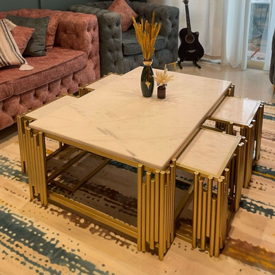 Wooden Twist Lynoz Modern Luxury Metal Base Marble Top Set of 5 Coffee Table for Living Room, Bedroom (Golden & White)