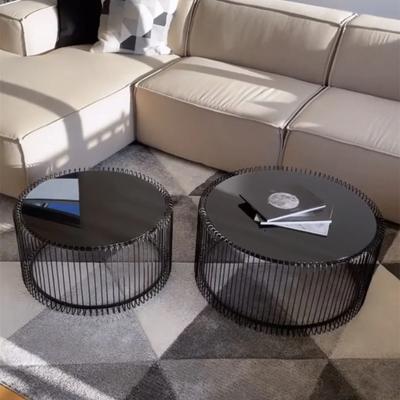 Lusso Minimalist Round Coffee Table Tempered Glass & Black Metal Frame for Elegant Living Room ( Set of 2 )