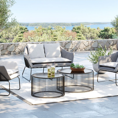 Lusso Minimalist Round Coffee Table Tempered Glass & Black Metal Frame for Elegant Living Room ( Set of 2 )