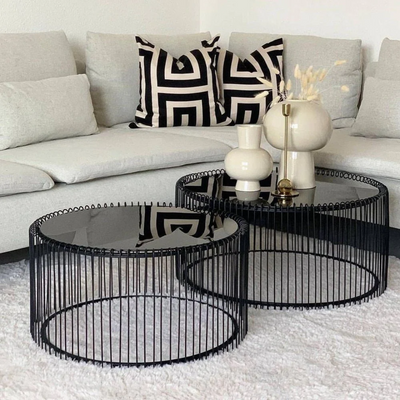 Wooden Twist Lusso Minimalist Round Coffee Table Tempered Glass & Black Metal Frame for Elegant Living Room ( Set of 2 )