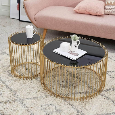 Wooden Twist Lusso Modern Coffee Table Tempered Glass & Golden Metal Frame for Elegant Living Room ( Set of 2 )
