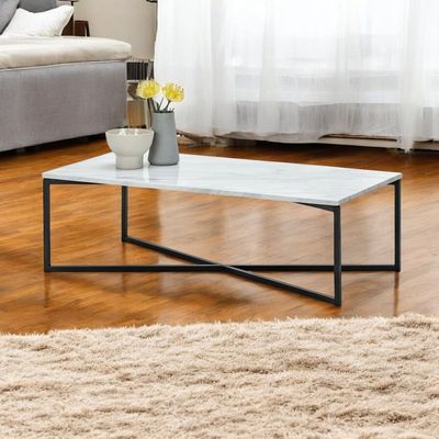 Wooden Twist Auxz Modern Metal Base Marble Top Rectangular Coffee Table with Durable Metal Base, Elegant Center Table for Living Room ( Black & White )