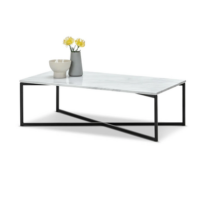 Wooden Twist Auxz Modern Metal Base Marble Top Rectangular Coffee Table with Durable Metal Base, Elegant Center Table for Living Room ( Black & White )