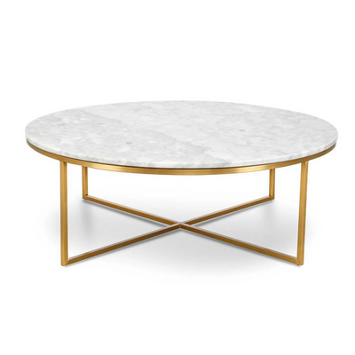 Curxz Elegant Modern Metal Base Marble Top Round Coffee Table for Living Room, Office, and Lounge Spaces ( Golden )