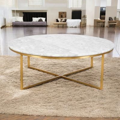 Wooden Twist Curxz Elegant Modern Metal Base Marble Top Round Coffee Table for Living Room, Office, and Lounge Spaces ( Golden )