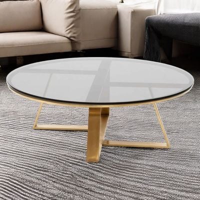 Wooden Twist Curxz Modern Stylish Steel Base Glass Top Round Coffee Table for Living Room ( Golden )