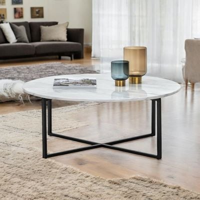 Wooden Twist Auxz Modern Contemporary Metal Base Marble Top Round Coffee Table ( White & Black )