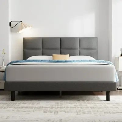 Classic Square Tufted Design Headboard Bed - Dark Gray, Queen Size Without Mattress