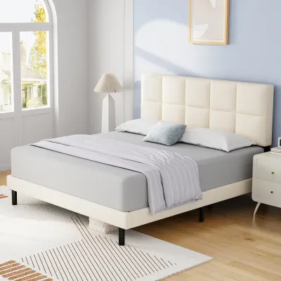 Classic Square Tufted Design Headboard Bed - Off White, King Size Without Mattress