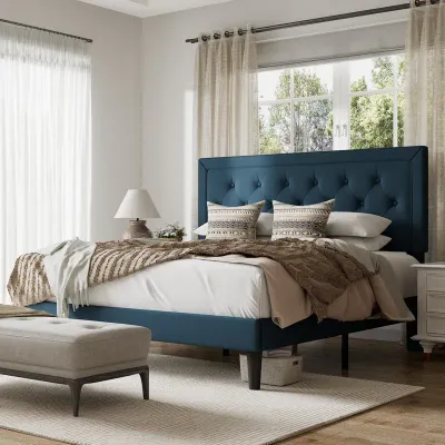 Huagg Tufted Upholstered Platform Bed - Blue, Super King Without Mattress