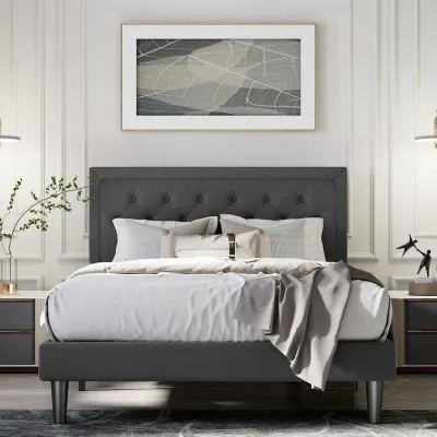 Huagg Tufted Upholstered Platform Bed - Dark Grey, King Size Without Mattress