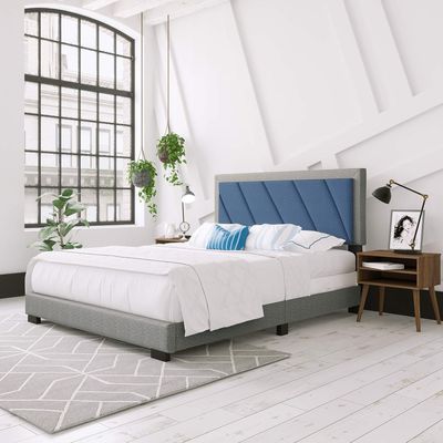 Geometric Design Wingback Headboard Bed - Grey, Queen Size Without Mattress