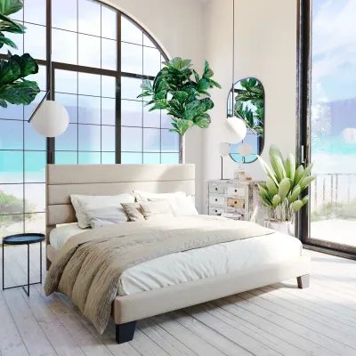 Elison Platform Bed With Fabric Upholstered - Beige, Queen Size Without Mattress