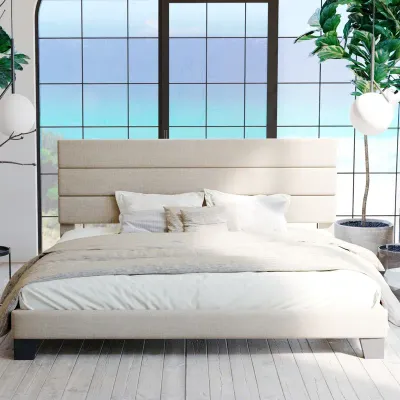Elison Platform Bed With Fabric Upholstered - Beige, Super King Without Mattress