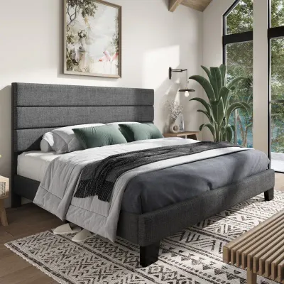 Elison Platform Bed With Fabric Upholstered - Dark Grey, Queen Size Without Mattress