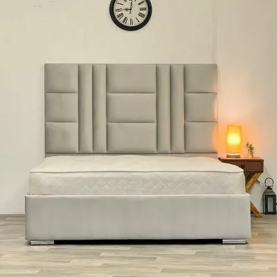 Domino Upholstered Frame Bed - Beige, King Size Without Mattress